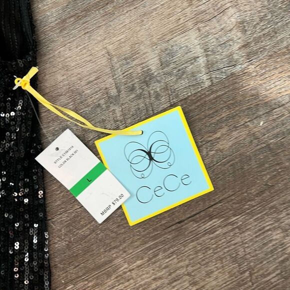 CeCe Sequined V-Neck Cap-Sleeve Black Blouse-Size Large - Picture 3 of 6